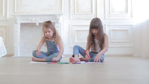 Two Little Girls Draw Stock Footage Video 100 Royalty Free