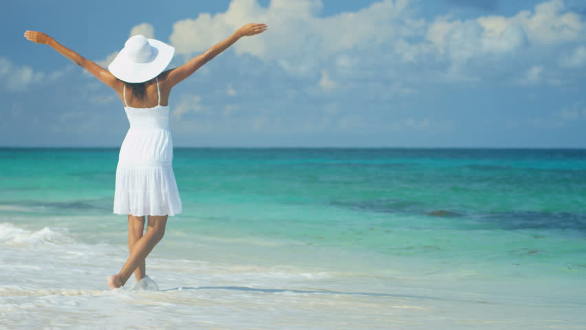 Latin American Girl Walking On Tropical Beach At Sunrise Shot On RED ...