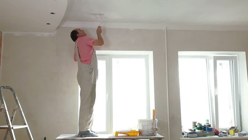 House Painter Rolling False Ceiling Stock Footage Video 100