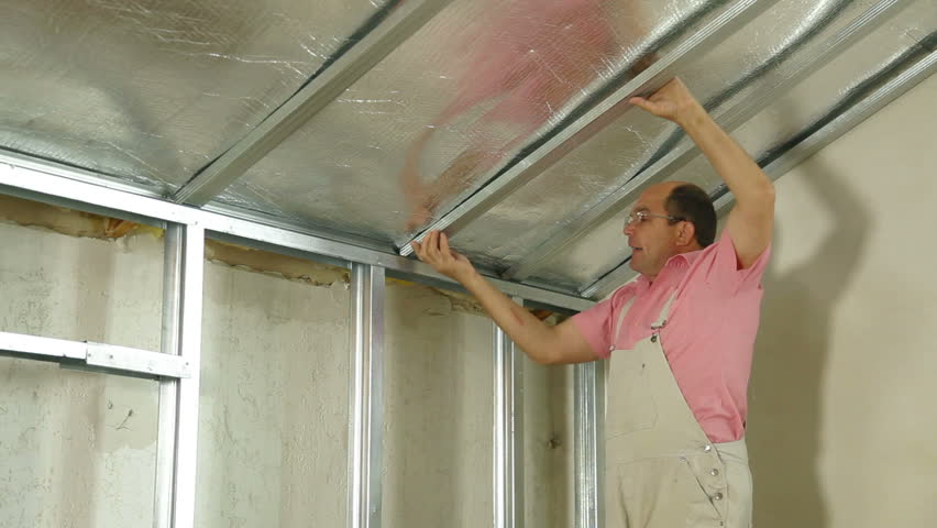 Installation Of Gypsum Plasterboard Ceilings Stock Footage Video