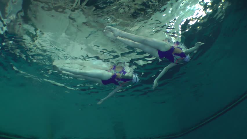 Synchronized Swimming, Show Of Two Girls, Underwater. Stock Footage ...