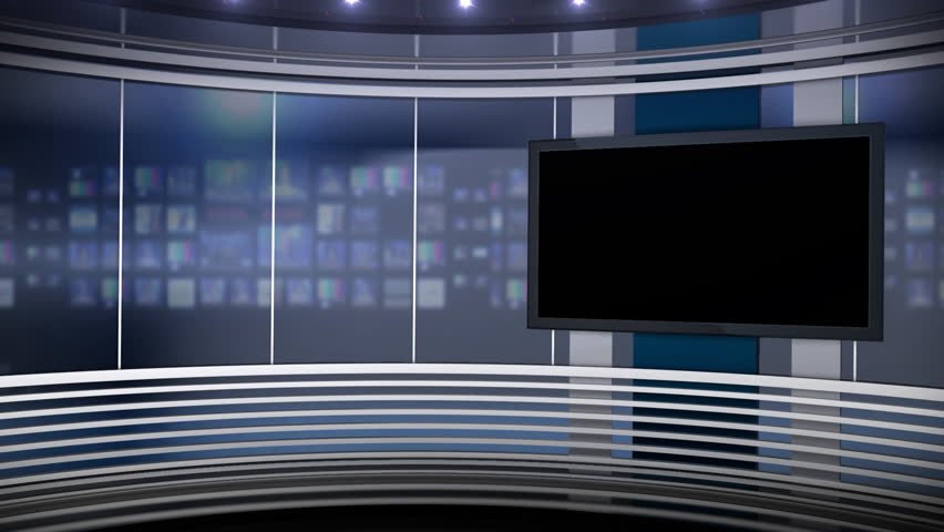 Virtual TV studio set with main monitor. Blurred background set of a ...