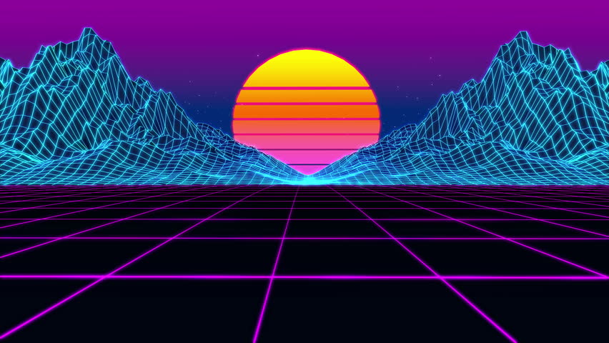 Retro Futuristic.Flight Over The Grid And Sunset. 80s Retro Sci-fi ...