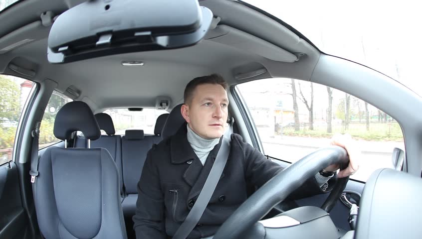 Angry Man Drive Car On Bumpy Road, Steer Wheel And Scold, Fisheye View ...