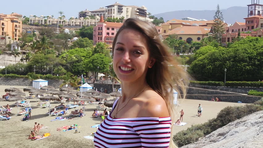 Tenerife. Spain. Beautiful Blond Girl On Vacation Taking Selfie In Las