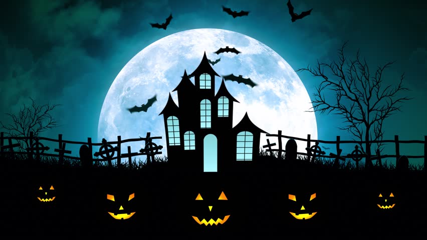 Spooky Halloween Haunted House Animation With Full Moon And Graveyard ...