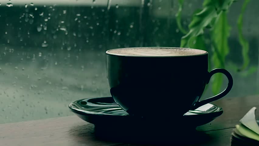 Mug Of Coffee Behind A Window Is Rain In Cozy Coffee Shop Atmosphere Mug Of Coffee Behind A Window Is Rain In Cozy Coffee Shop Atmosphere
