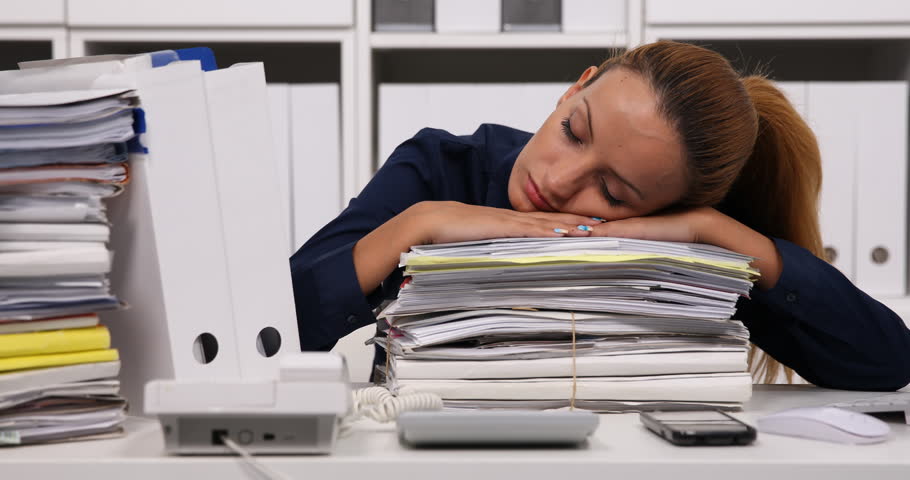 Bookkeeper Woman Sleeping At Desk Stockvideos Filmmaterial