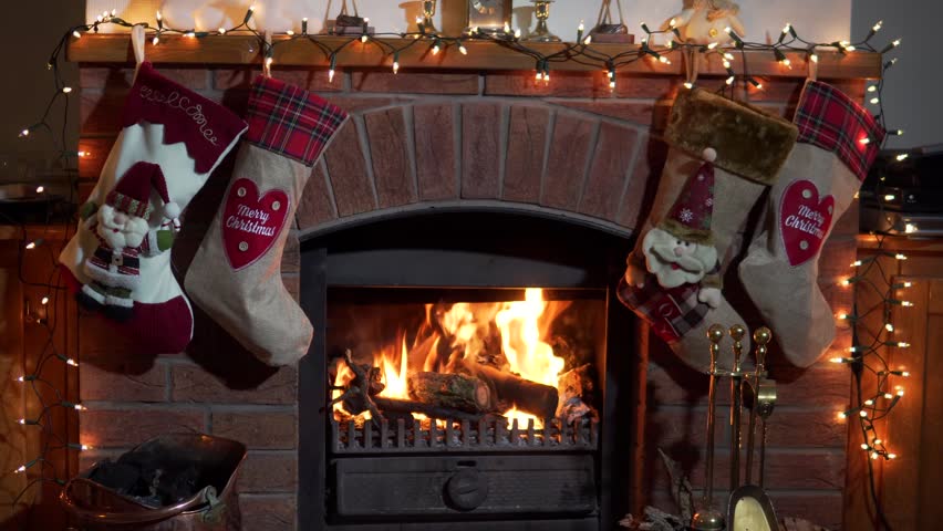 Christmas Fireplace, Stockings Hanging with Stock Footage ...