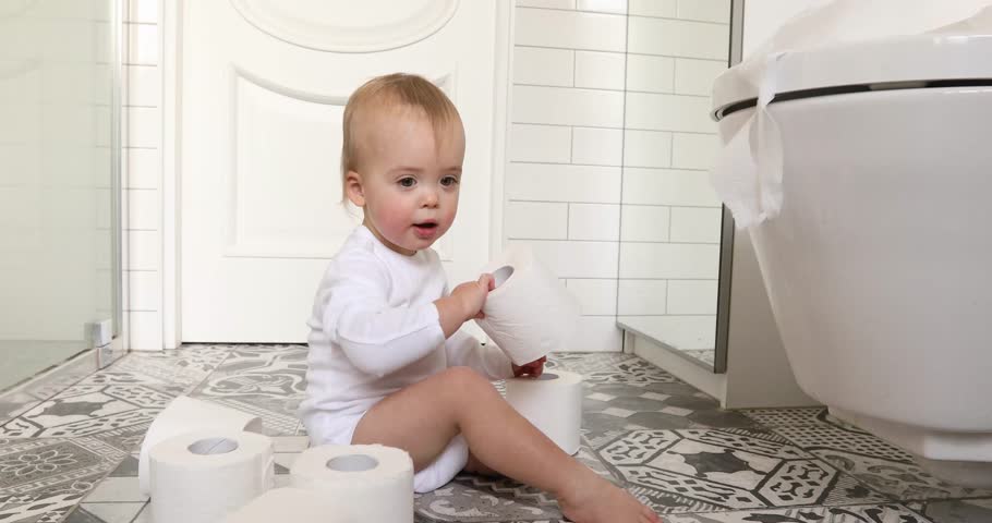 Baby Taking Bath In Kitchen Sink. Sunny Bathroom With Window. Little ...