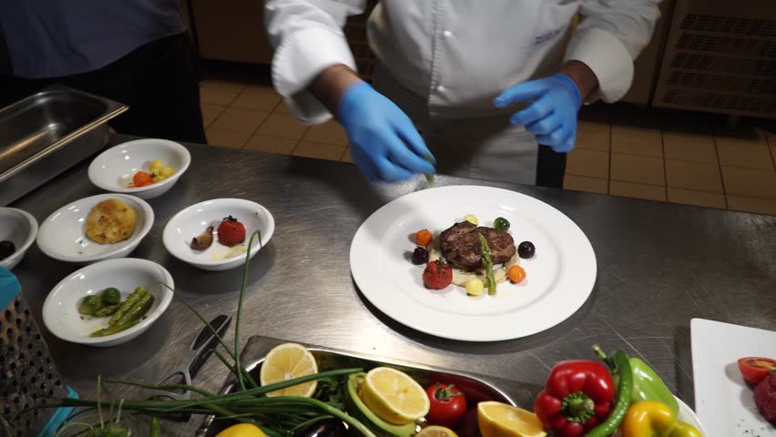 Preparation Of Meat Dishes Food Decoration On A Plate Preparation