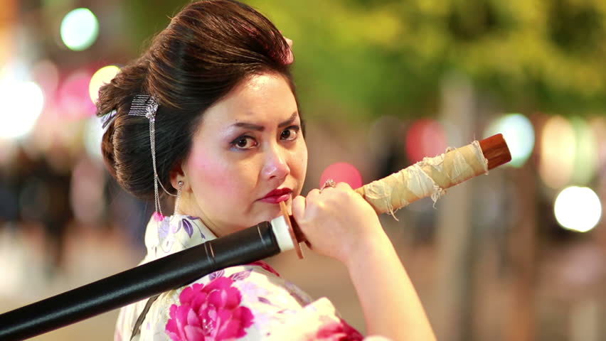 Japanese Geisha Samurai With Sword Outside At Night Stock 