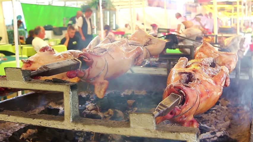 Animals Over Fire Pit Being Automatic Turned Meat On The Spit