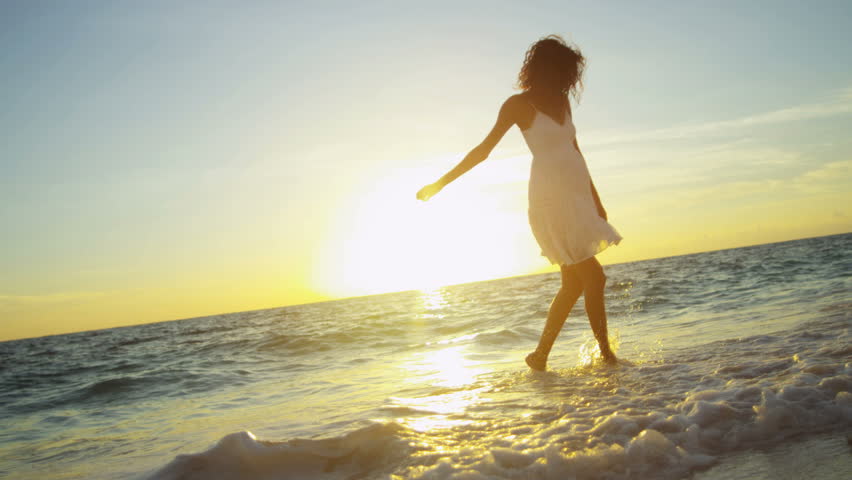 Beautiful Hispanic Girl White Sundress Ocean Shallows Sandy Beach ...