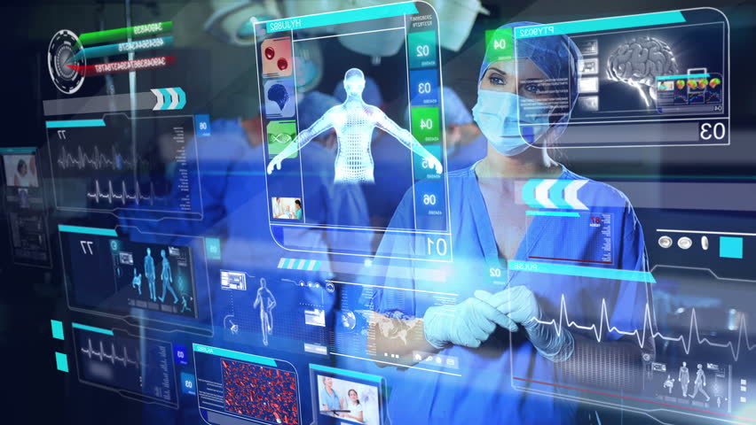 CG Montage Of Caucasian Male Surgeon Using 3D Touch Screen Healthcare ...