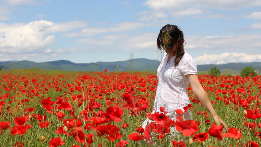 Beautiful Woman Walking Among Blooming Poppy Flowers. Beautiful Woman ...