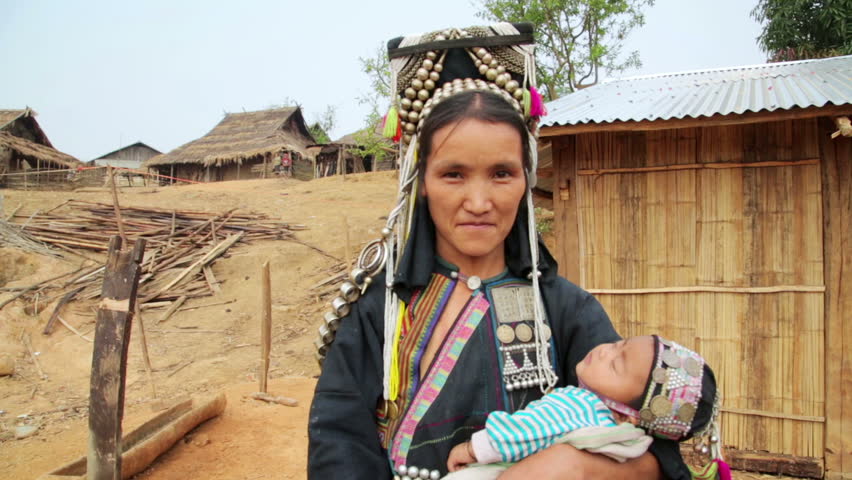 PONGSALI, LAOS - APRIL 2014: Indigenous Tribal Native Akha Woman Carry ...