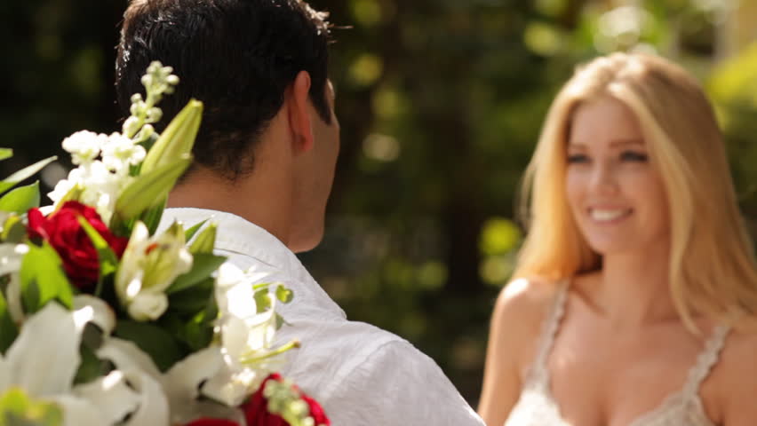 Newly Married On Tropical Beach After Sunset Wedding Young In Park Hugging With Flowers Hd Stock Video Clip
