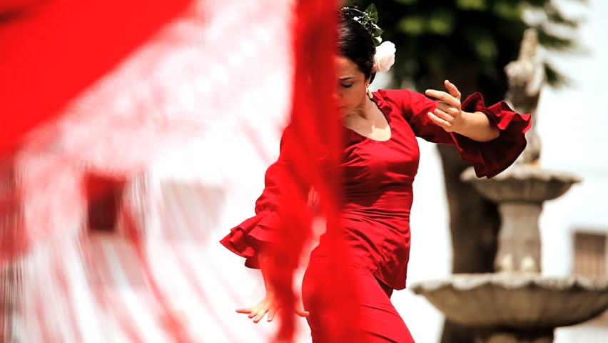 Beautiful Lady Dancing Traditional Spanish Flamenco In Town Square ...