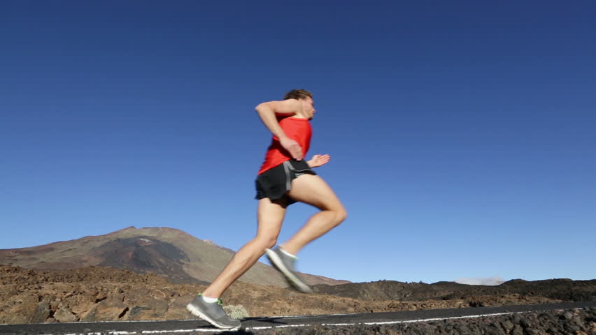 Runner - Man Athlete Running Outdoors On Road In Amazing Mountain ...