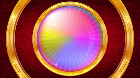 Fullhd 1920x1080 Progressive Seamlessly Looping Video Of Rotating Colorful Rainbow Round Button With Golden Frame On Red Pattern Animated Background Or Element Alpha Matte Included - 