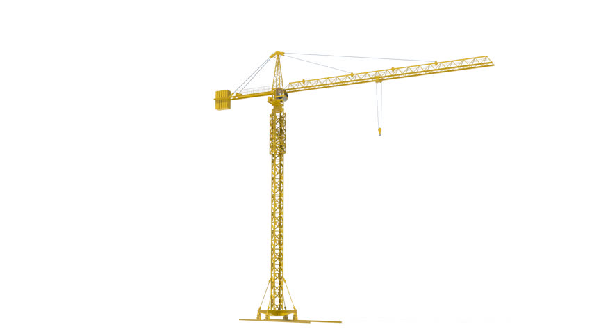 Animation Work Yellow Tower Crane. Cabin Is Empty. White Background 